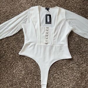 PrettyLittleThing White Bodysuit with Sheer Sleeves